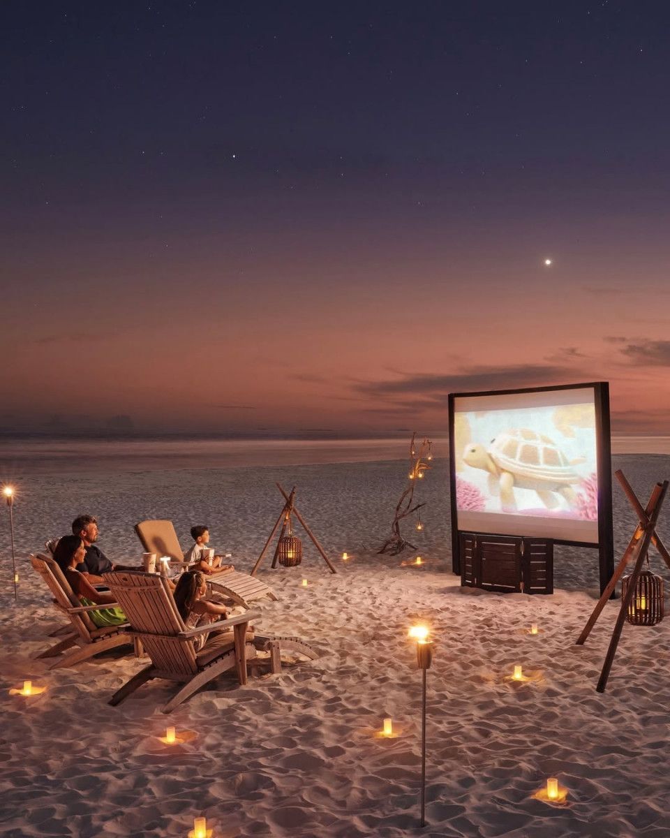 Family watching an open-air film on the beach at dusk